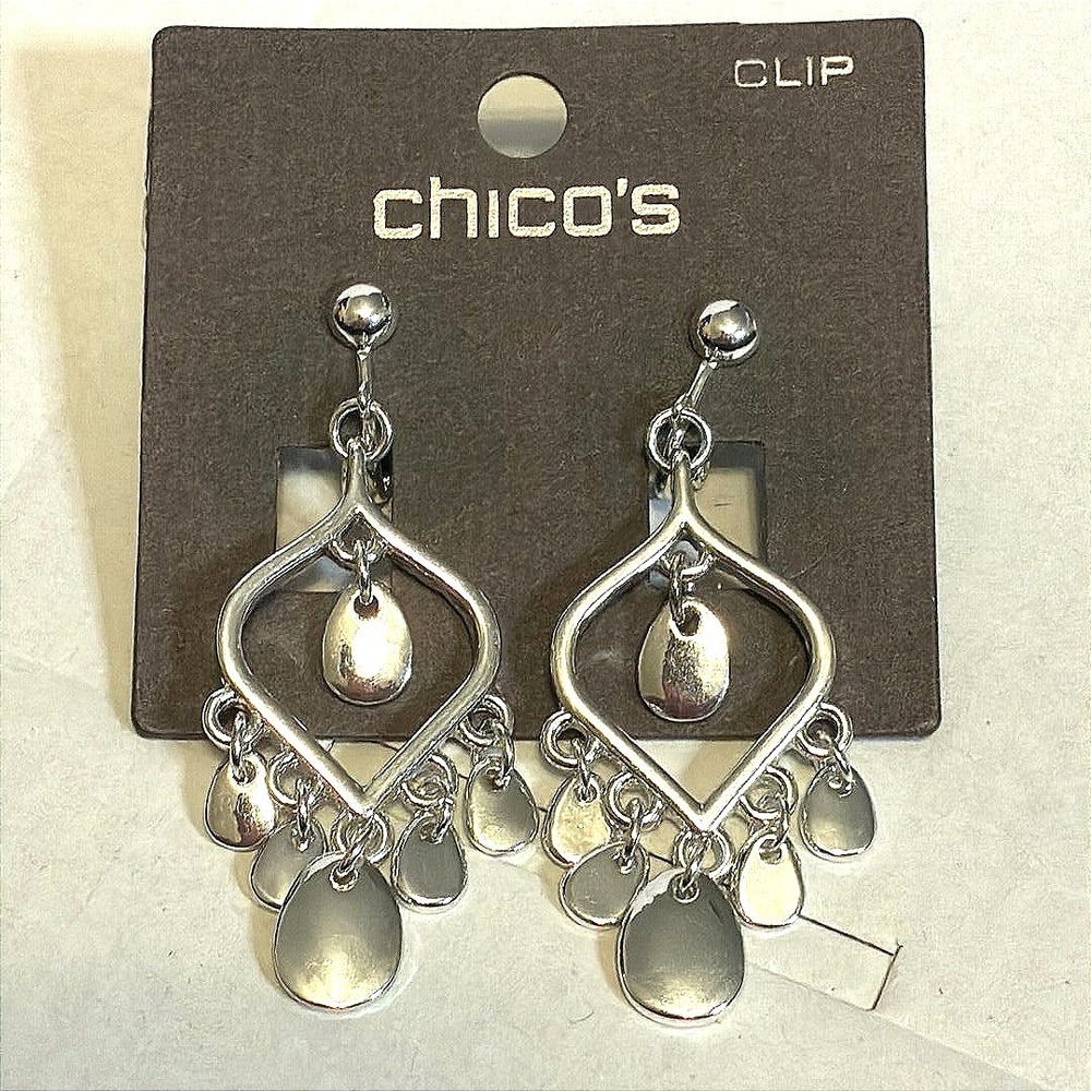 Chico's Silver Tone Clip On Chandelier Earrings Teardrop Dangle Boho NWT New